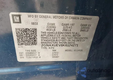 2019 Chevrolet Equinox Lt из США, поврежденный, VIN 2GNAXUEV6K6124271